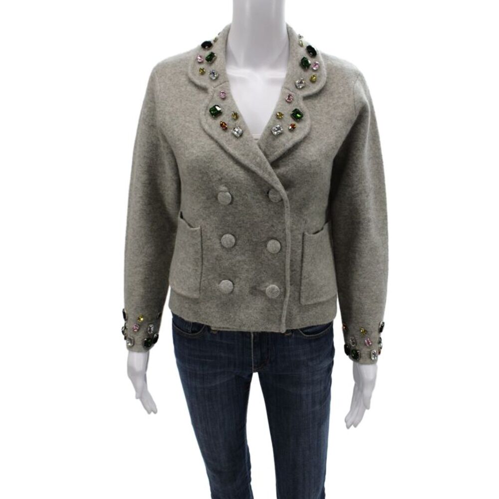 Zara Womens Pea Coat Gray Button Long Sleeve Jeweled Size S